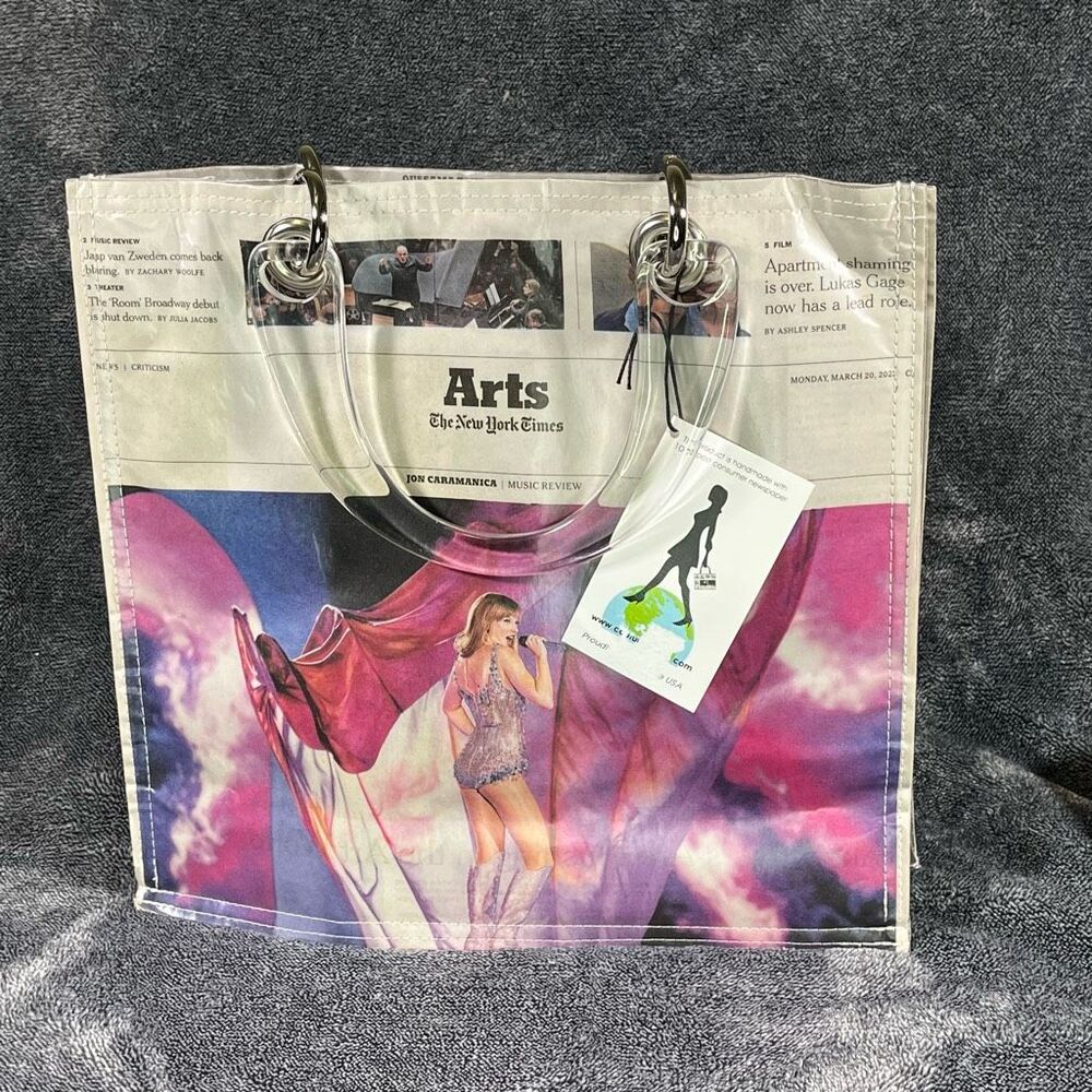 Newspaper Print Clear Handle Tote Bag Pop Art Statement Handbag New With Tag